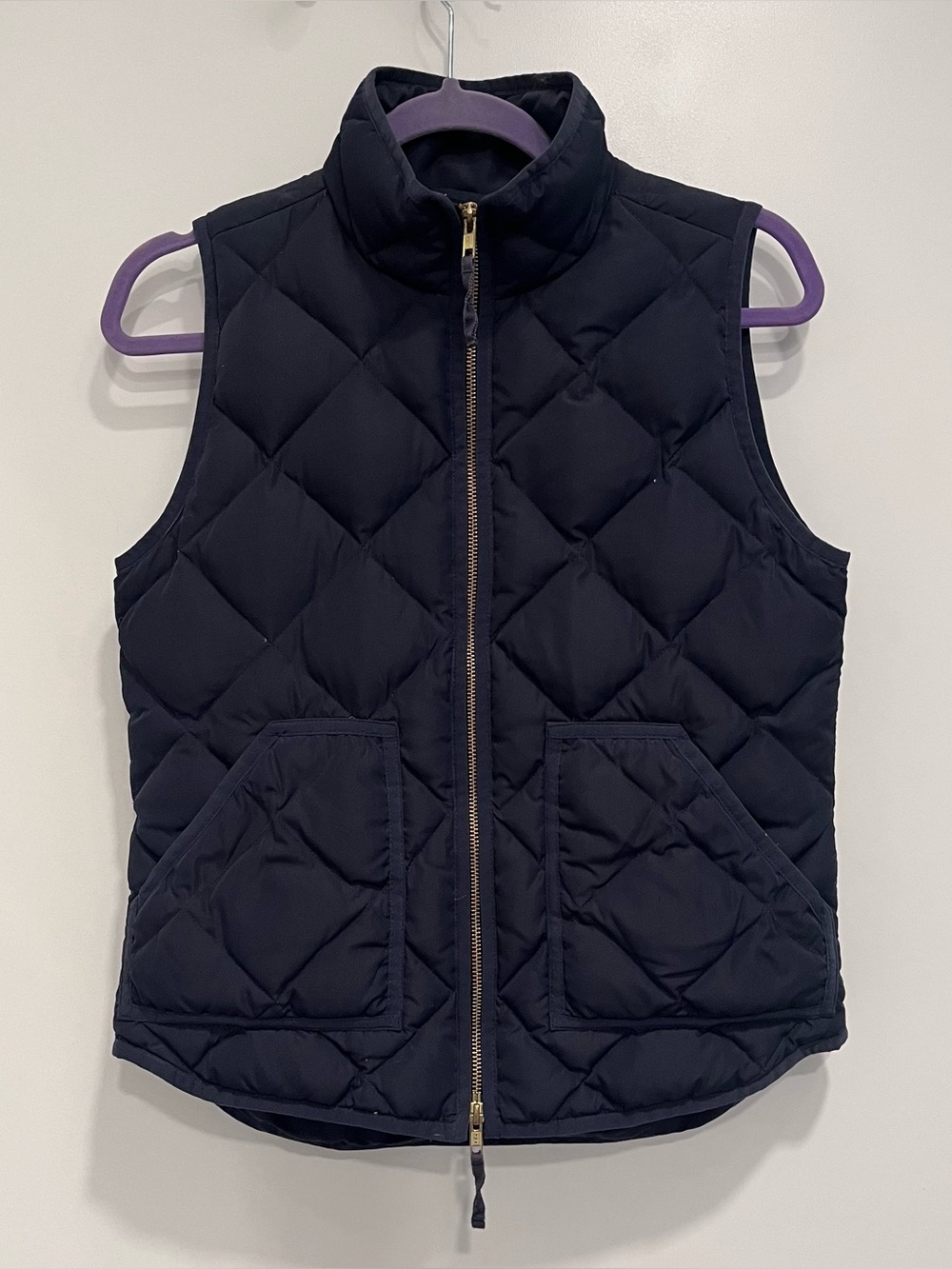 J.Crew Down Filled Blue Quilted Puffer Excursion Vest Jacket Navy XS Gold Zipper